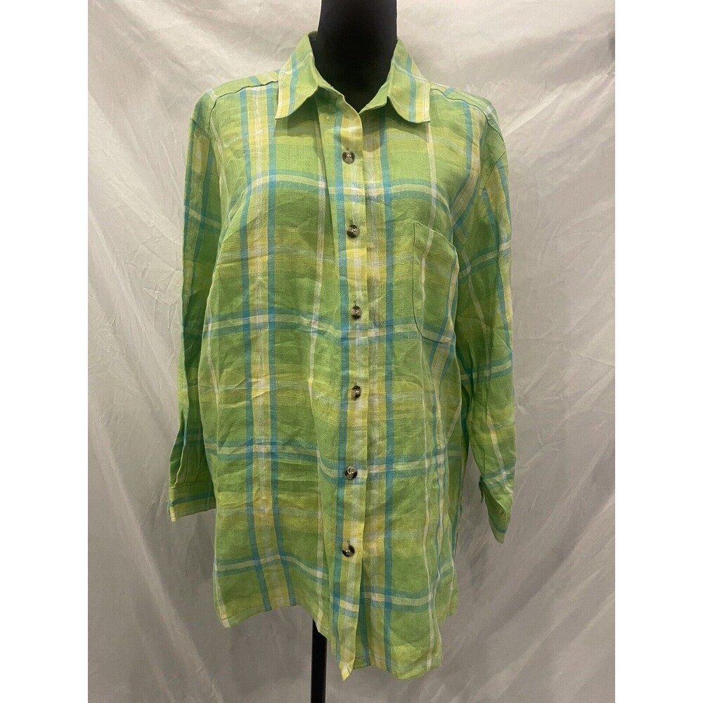 Real Comfort Plaid Linen Button Down Shirt XL Lime Green